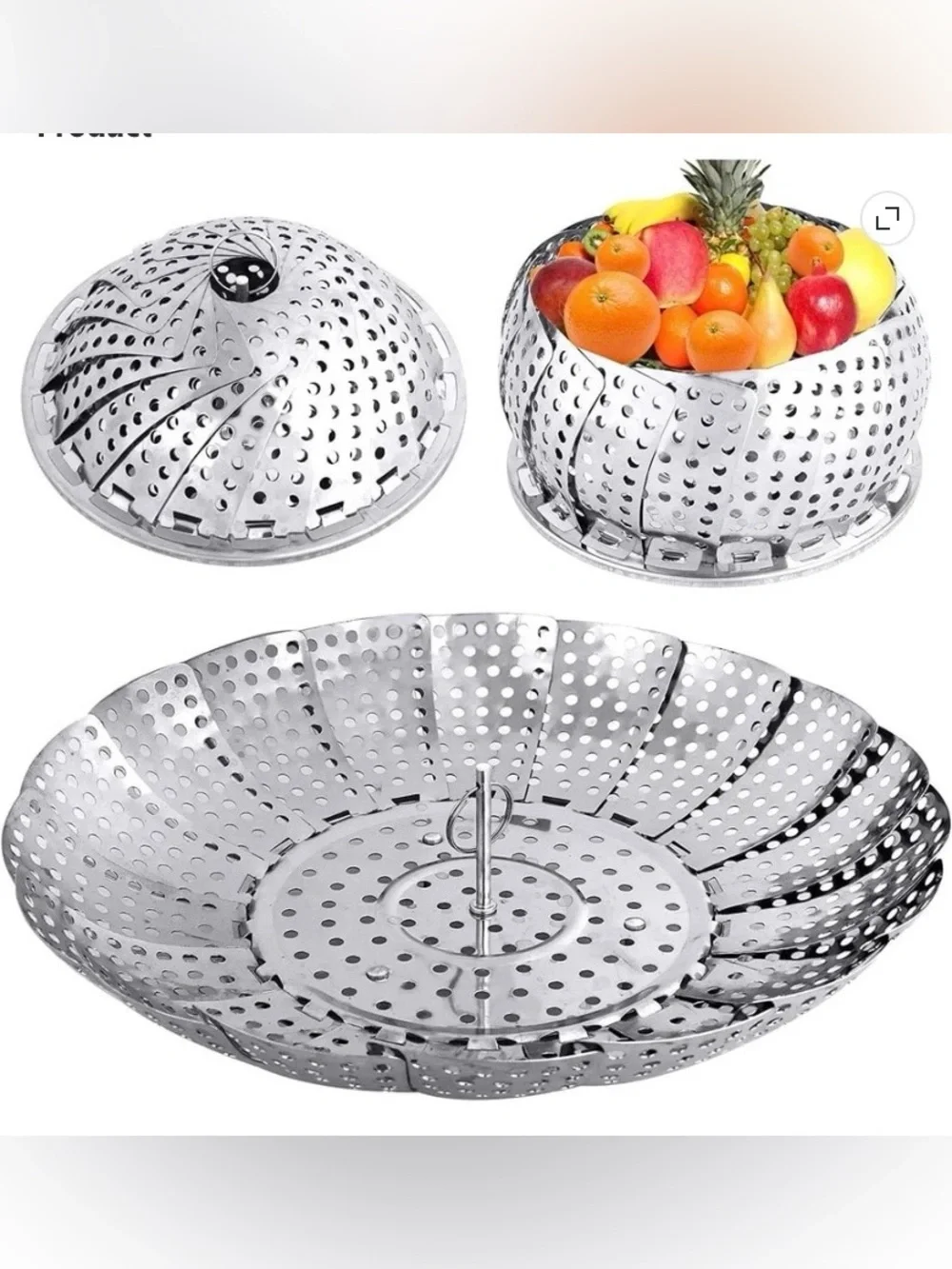 stainless steel collapsible vegetable steamer basket with a center pull handle